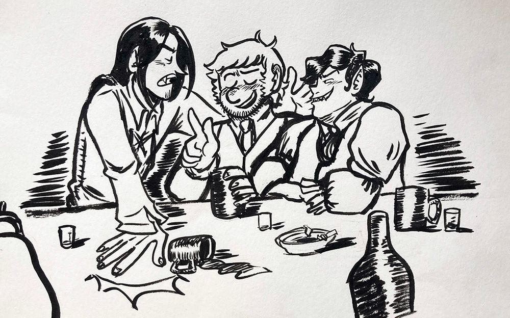 James (middle) meets Rodger's (left) friend, Jean (right)
and he drunking-ly spills all of their embarrassing stories.