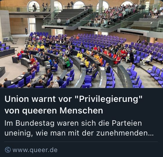 Queer.de
Union warnt vor „Privilegierung“ von queeren Menschen 