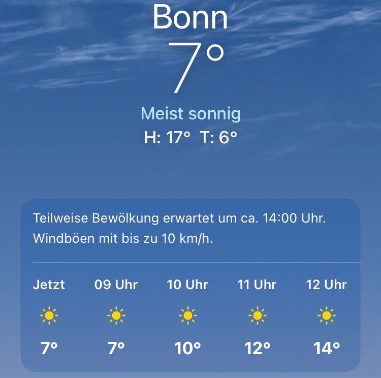 Screenshot Wetterapp; Bonn „meist sonnig“, ab sieben Uhr durchgehend strahlender Sonnenschein angesagt 
