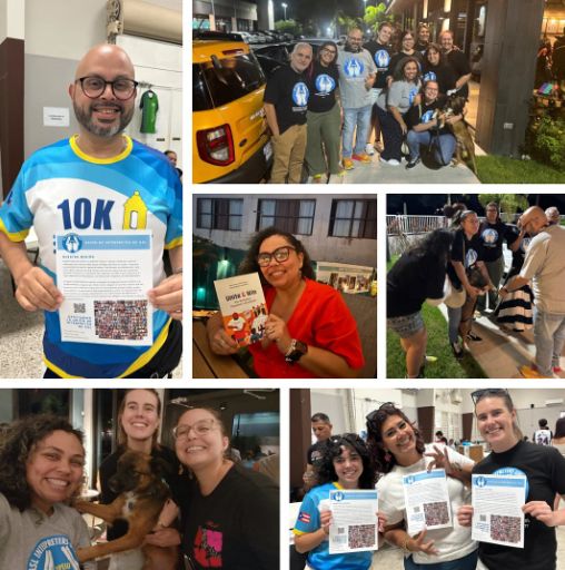 This image is a vibrant collage showcasing the energy, unity, and determination of ASL interpreters who are actively organizing in support of their union. The individuals in the photos are seen connecting, educating, and empowering one another through community events, outreach, and solidarity.
In the top left photo, a person with glasses and a beard proudly holds a flyer for the ASL Interpreters Union while wearing a bright blue and yellow shirt that says “10K” with what looks like a lantern icon.
The top center image shows a group of interpreters gathered outside a building at night near a yellow vehicle. They’re smiling, wearing union t-shirts, and standing close together, with one interpreter holding a dog.
To the right, another outdoor image shows interpreters engaged in conversation on a grassy lawn.
In the middle of the collage, a person with dark curly medium length hair in a red top and glasses sits at a table smiling and holding a book titled “Unite & Win,” which features an illustrated cover of people rallying together.
The bottom left image captures three interpreters smiling together, with one holding a brown dog. They appear relaxed and joyful, enjoying one another’s company.
Finally, in the bottom right photo, three people stand side by side indoors, smiling and proudly holding printed flyers similar to the one in the first image. They gesture with their hands in signs of solidarity and enthusiasm.
The overall tone of this collage reflects a powerful sense of community, mutual support, and collective action among interpreters who are committed to strengthening their field through union organizing.