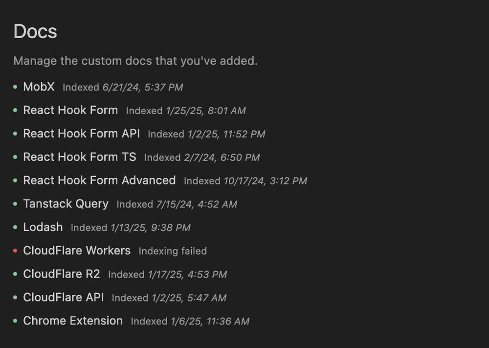 list of docs loaded into cursor. cloudflare workers docs failed indexing.