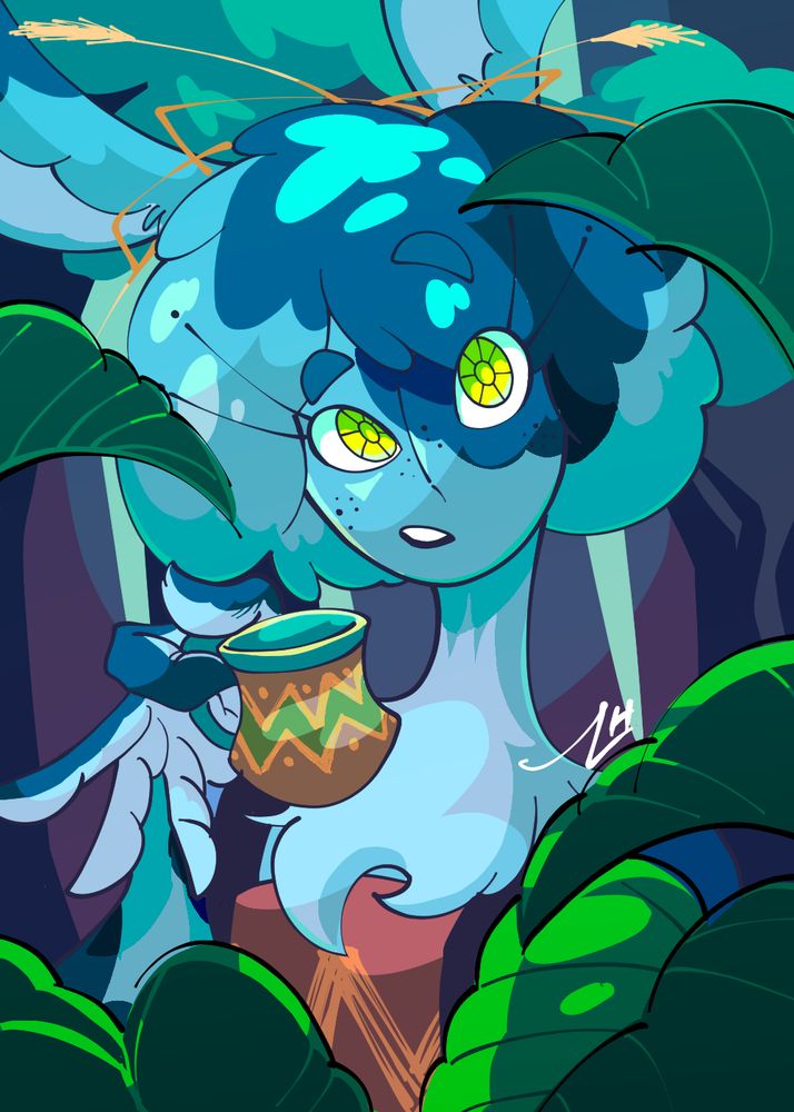 푸른 회색털의 토끼 소녀가 숲속에서 갈색 찻잔을 들고 앉아있는 흉상. 