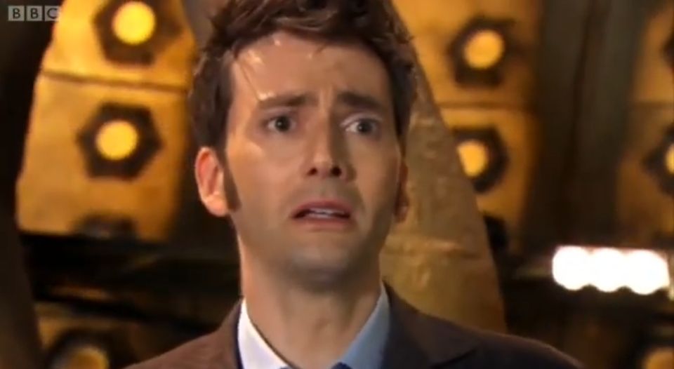 A scene from Doctor Who, with actor David Tennant in the TARDIS with an emotional look on his face. He has just said "I don't want to go," as he is about to regenerate into the next Doctor