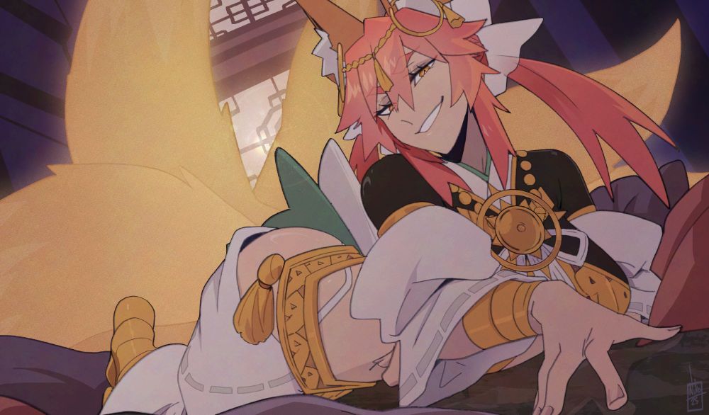 Amaterasu from Fate, sitting alluringly in her temple while looming over viewer calling to Dark Souls inspiration