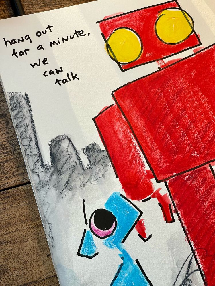 Red Robot and dog, ‘hang out for a minute, we can talk’