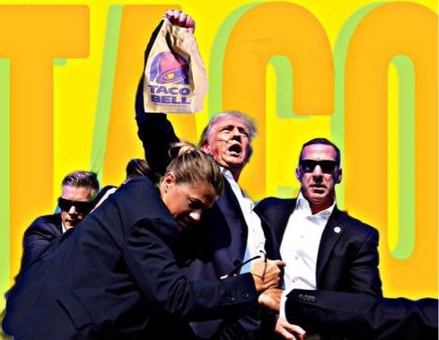 We finally know what the fluid was coming from the occupant's ear .. gotta be careful opening those sauce packets .
< Trump victoriously holding up a Taco Bell bag surrounded by Secret Service >