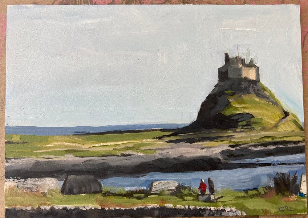 Oil painting of lindisfarne castle on hill with bay in front. Two hikers pass overturned row boats on the shore. 