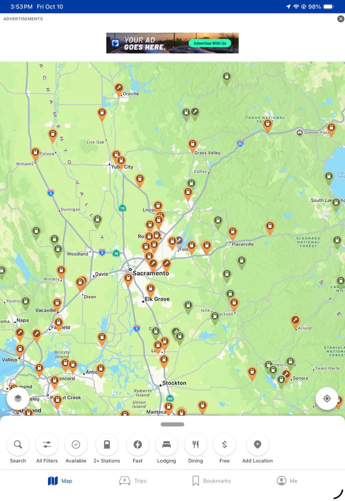 Map showing the number of DC fast chargers between San Francisco and Lake Tahoe