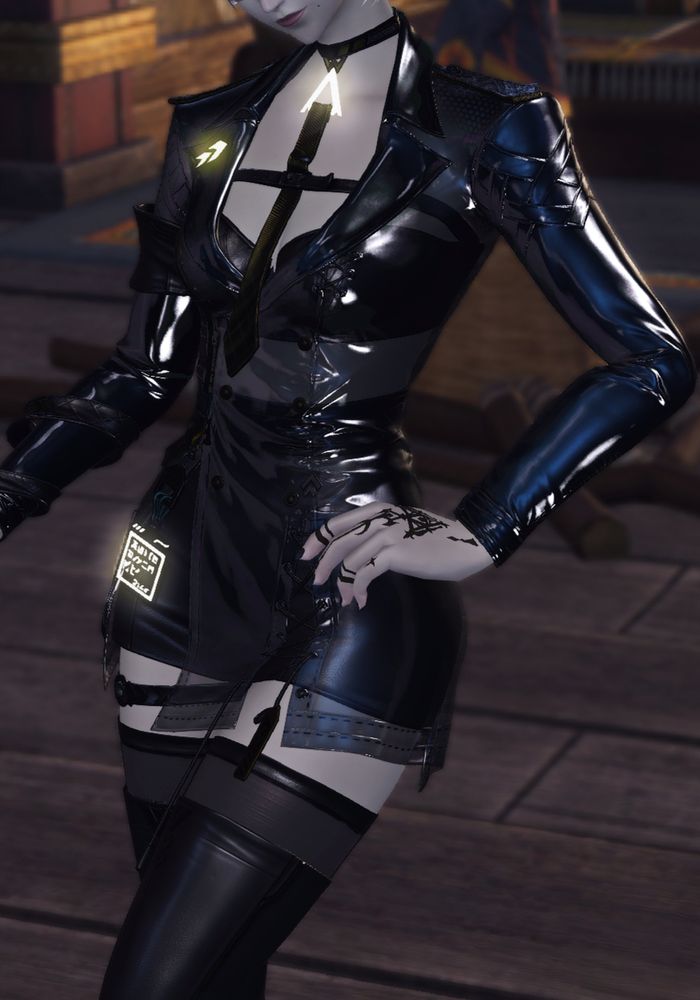 A particular grey elezen clad in a bodycon esque leather attire.