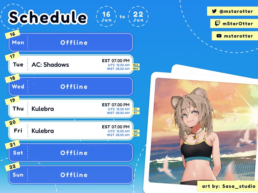 Stream schedule for the week of June 16 including cute swimsuit art. Tuesday AC: Shadows at 7pm EST. Thursday and Friday is Kulebra at 7pm EST. 