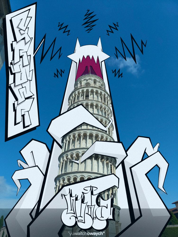 Photograph of The Leaning Tower of Pisa with a monster drawn over the top.