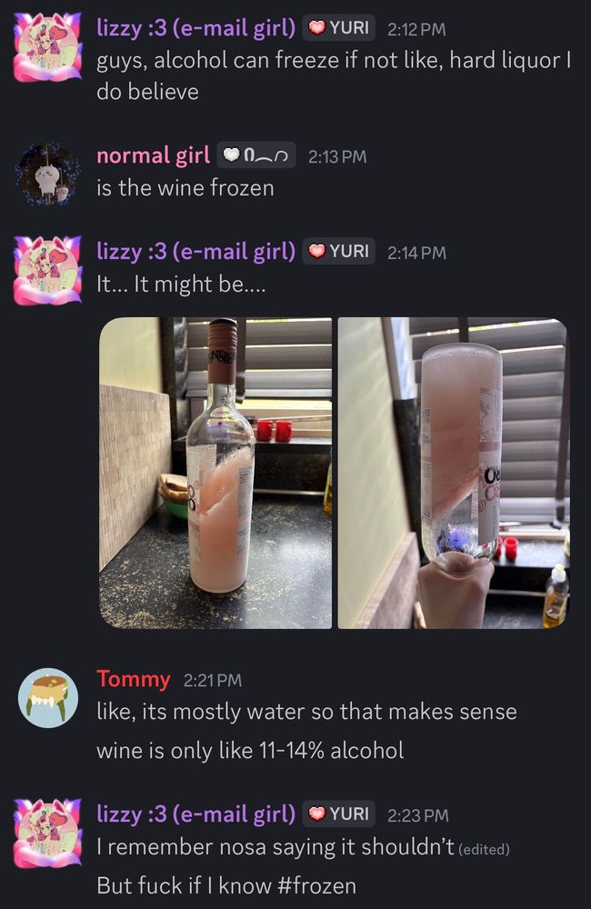 A discord coversation:
lizzy :3 (e-mail girl) (me): guys, alcohol can free if not like, hard liquor I do believe.
normal girl: is the wine frozen?
lizzy: It… It might be.. (pictures of frozen rosé wine)
Tommy: like, it’s mostly water so that makes sense
wine is only like 11-14% alcohol
lizzy: I remember nosa saying it shouldn’t
But fuck if I know #frozen