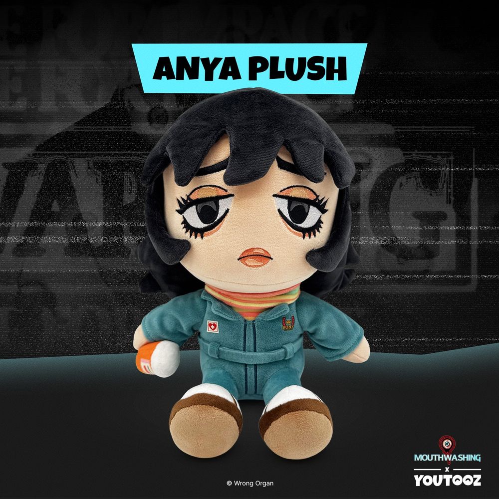 Anya plushie facing the viewer with a Mouthwashing and Youtooz logo in the bottom right corner.