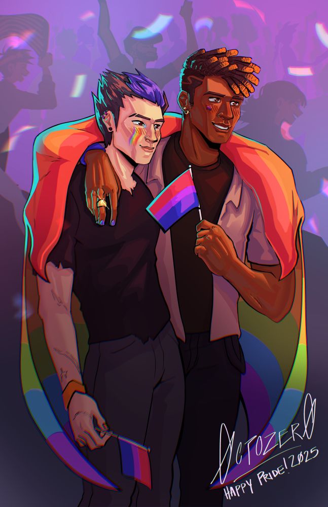 Illustration of the valorant characters Yoru and Phoenix embracing with a pride flag around them