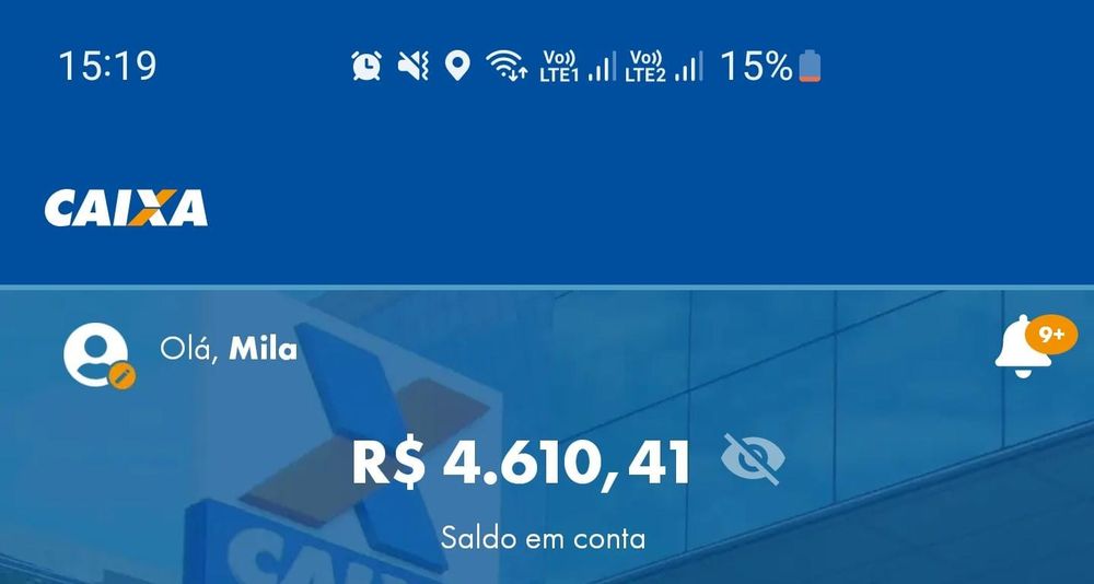 print de saldo do banco (caixa). O print possui cores azuis e branco e mostra o saldo de 4610,41 reais.