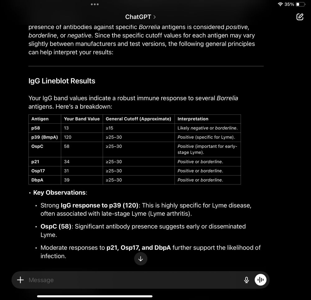 Chat gpt analysis of Lyme test results 