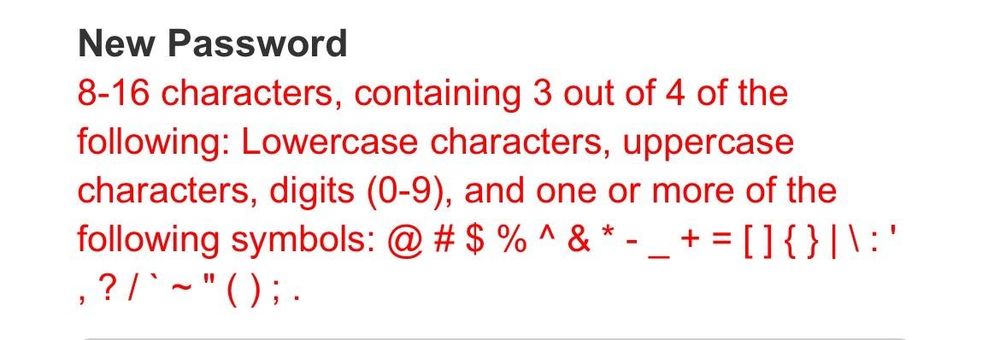 An image displaying password requirements, stating that a new password must be 8-16 characters long and contain at least three out of four categories: lowercase letters, uppercase letters, digits (0-9), and specific symbols.