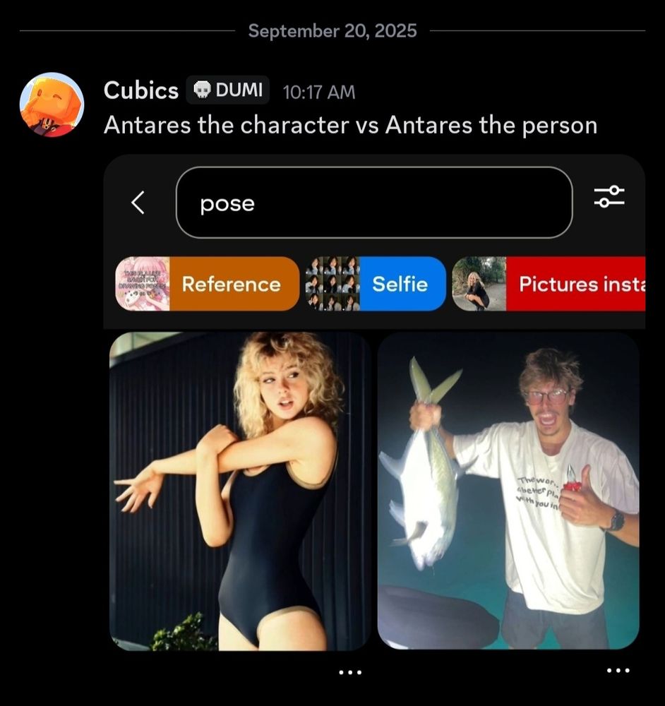 It says "Antares the character vs Antares the person"
"The character" picture shows a pretty hot girl stretching seductively
"The person" picture shows a crazed looking man holding a fish with a thumbs up 