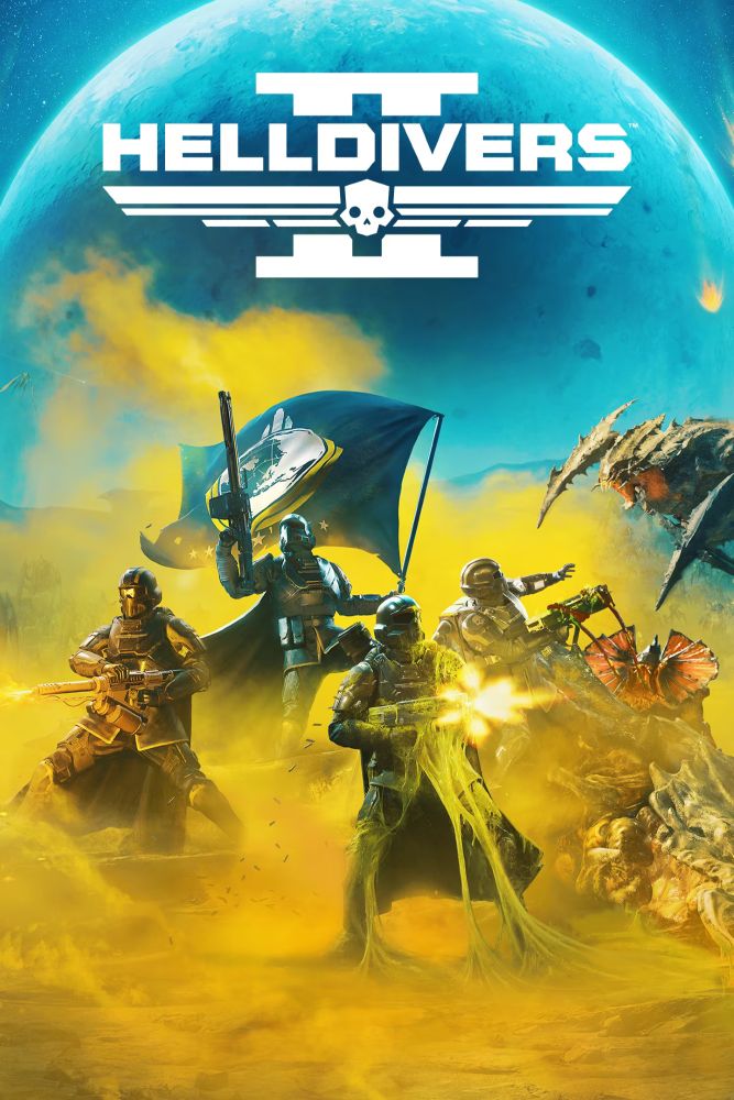 The key art for Helldivers 2, featuring a squad of 4 Helldivers wielding machine guns while standing in a cloud of yellow smoke and slime, one being assaulted by a Terminid as another plants the flag of the in-universe Super Earth in the ground, with a large blue planet lurking in the background