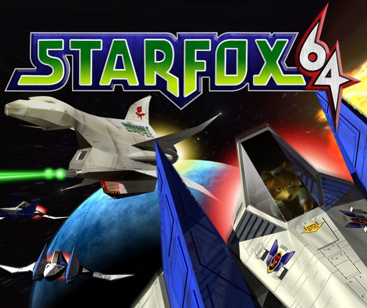 The cover art for Star Fox 64, featuring Fox McCloud flying his Arwing through space, followed by his teammates with a planet in the background.
