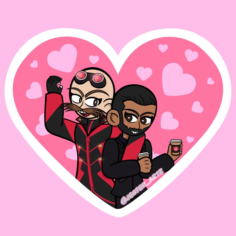 Chibi drawing of Agent Stone and Dr. Robotnik from the Sonic movies. Robotnik is a tall man with a maniacal grin, a wide brown mustache, and a bald head. He wears a red and black coat, black gloves, and goggles with red lenses. He has his right arm gesturing in the air and his left arm around Stone. Stone is a shorter man with brown skin, black hair and beard, and wearing a black suit. He has hearts in his eyes looking at Robotnik. He carries two cups of coffee, one of which we can see has the Eggman logo on it. The two of them are encased in a pink heart with a white border, surrounded by smaller, lighter pink hearts.
