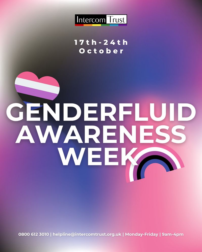 [ID: a slide with a pink, white, purple and black gradient. A title in white reads 'Genderfluid Awareness Week 17th-24th October'. Graphics of the Genderfluid  Pride Flag are shown around the title. The Intercom logo is at the top of the page. The Intercom Helpline is listed at the bottom of the page.]
