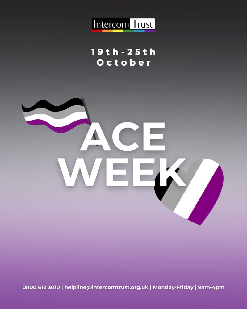 [ID: a slide with a black, grey, white and purple gradient. A title in white reads 'Ace Week 19th-25th October'.  Graphics of the Ace Flag surround the title. The Intercom logo is shown at the top of the page. The Intercom Helpline is shown at the bottom of the page.]