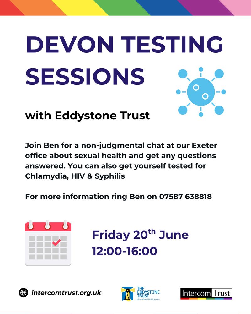 [ID: a white page with a rainbow coloured banner at the top. A title in purple and black font reads 'Devon Testing Sessions with Eddystone Trust'. The remaining text in black is as captioned above. The Eddystone and Intercom logos are at the foot of the page.]