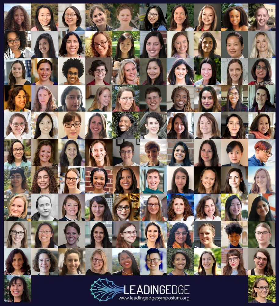 Headshots of 102 women and non-binary scientists who are now assistant professors. At the bottom is the Leading Edge logo and www.leadingedgesymposium.org
