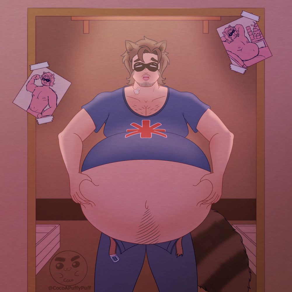 Big bellied raccoon man looking at himself in the mirror sighing