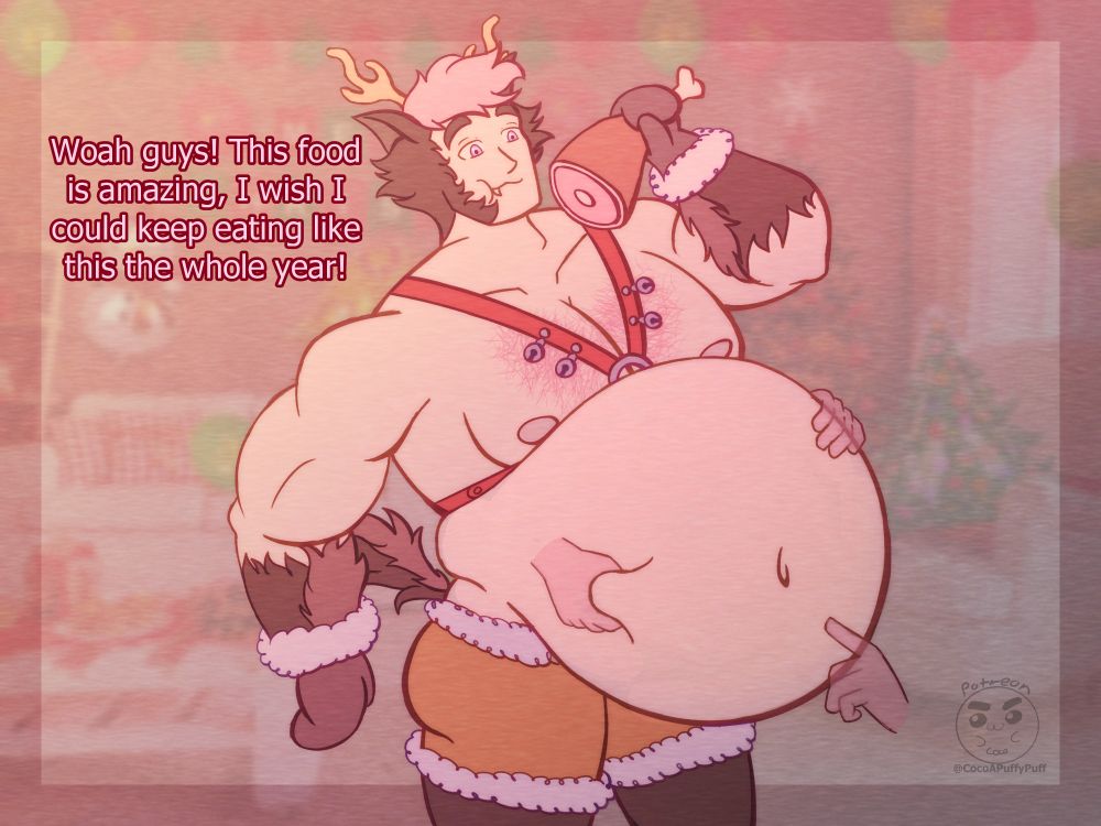 Stuffed Romeo (OC) wearing a harness and bootyshorts as he eats while ghost hands play with his gut