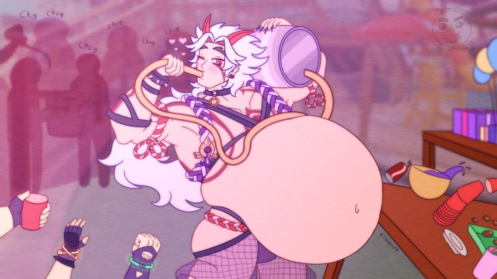 Arataki Itto with a bloated belly chugging a keg of beer in a party