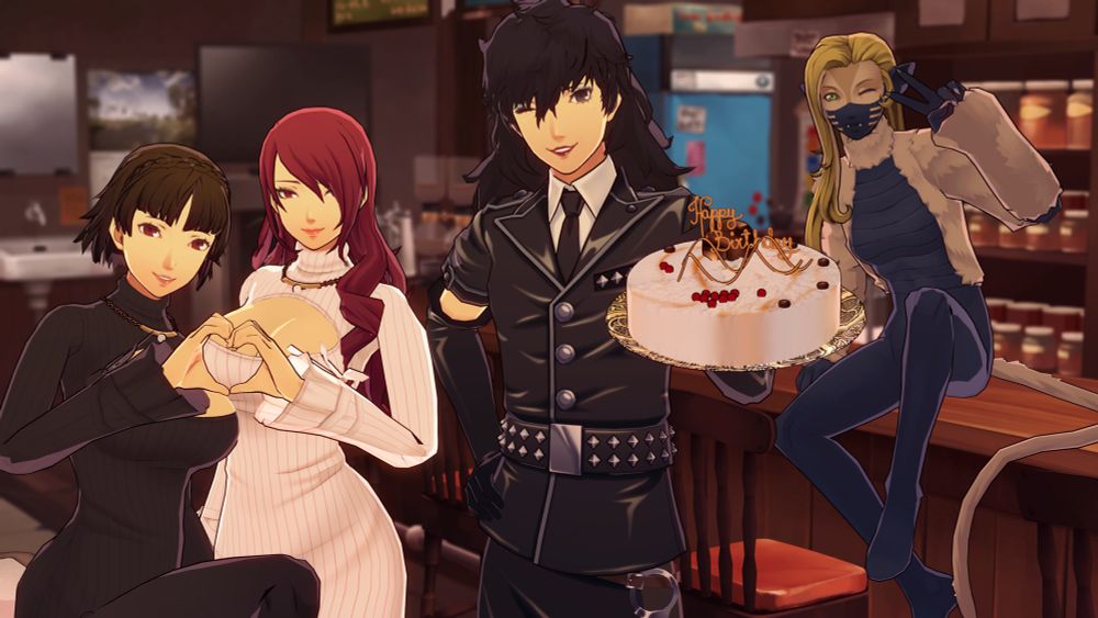 Render by personaparadise. Makoto Niijima and Mitsuru Kirijo are in keyhole sweaters making a heart, Ren is holding a cake that says Happy Birthday, and Nekomata is doing a peace sign.