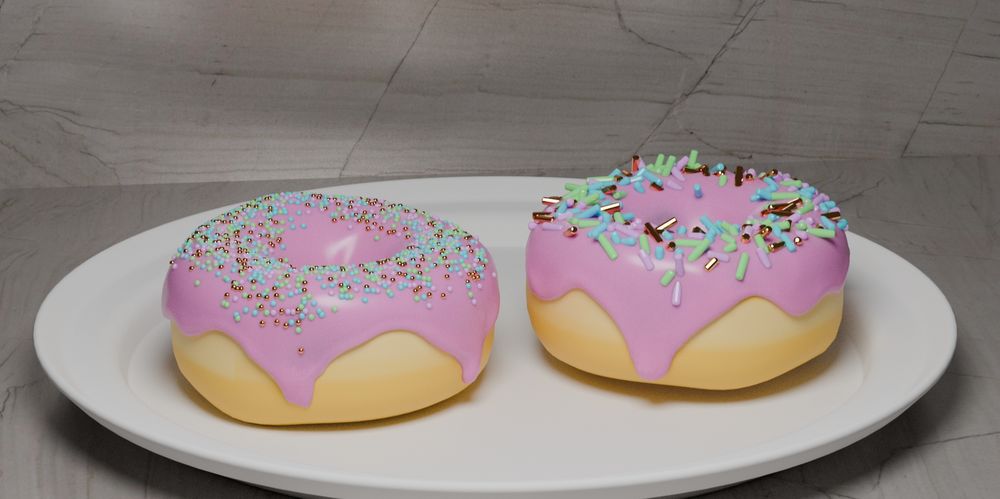 2 pink frost sprinkled donuts rendered in Blender