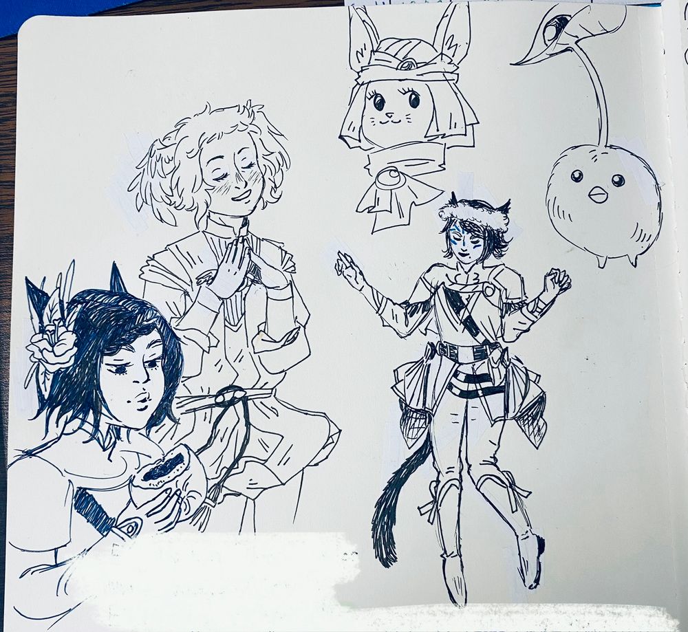 FFXIV random pen doddles.  Miquote bunny and lil moss ball.