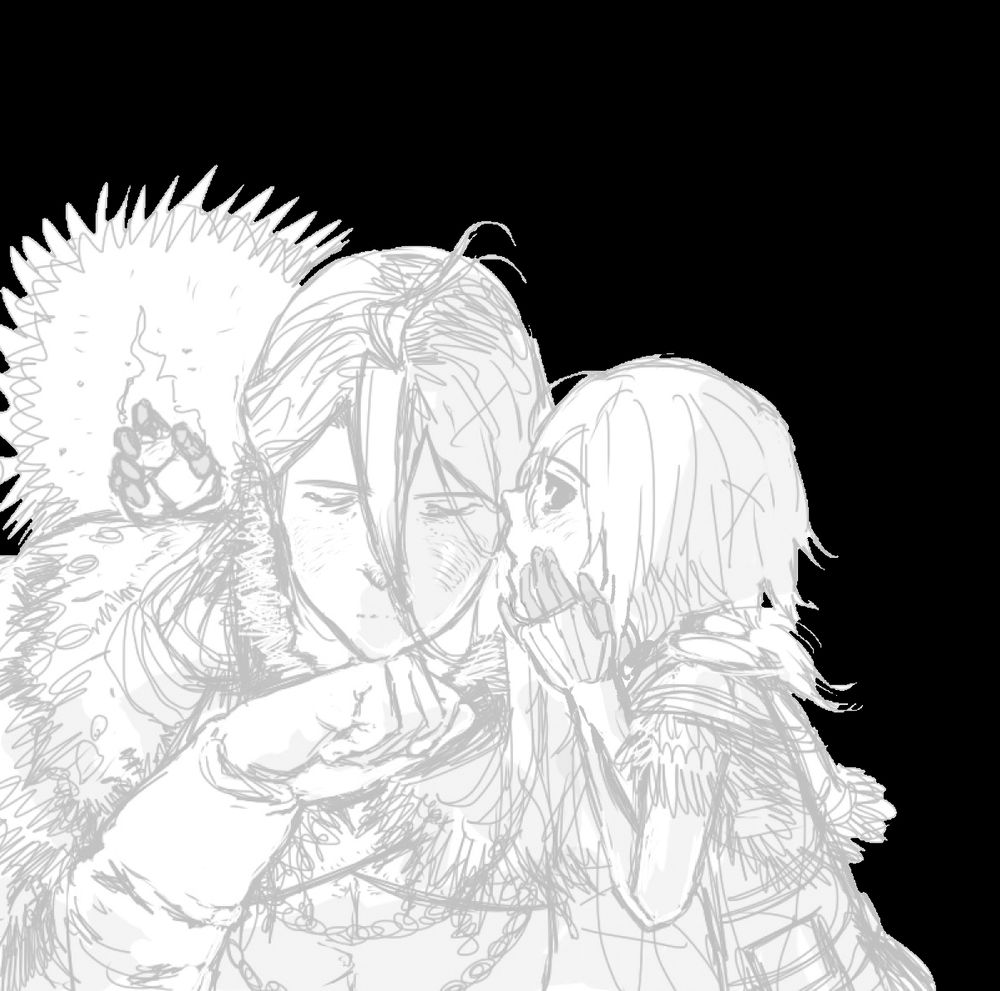 A young boy in fur clothes whispering closely into his mother's ear, a big woman, eyes clothes with a patiently listening expression. The boy has an arm wrapped around her, with his skeletal fingers on fire