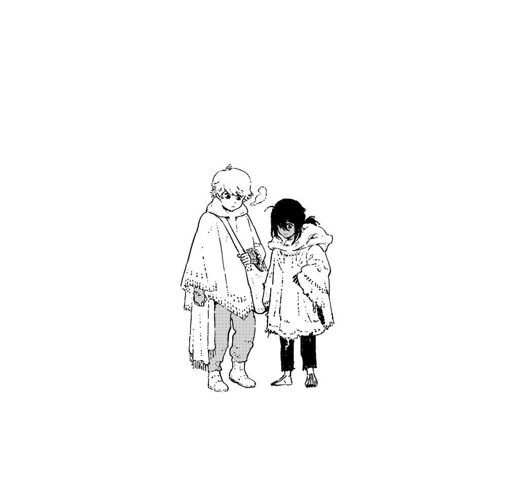 Two boys dressed in heavy winter clothes standing together in a large white space. The taller boy's name is Castor (Bean) and belongs to RadiostarManiac. The shorter boy's name is October (Tobey) and belongs to Melikas