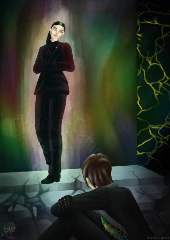 A woman in a dark suit looks down at another woman, sitting on the ground. There's a gate with shifting colors inside it behind her.