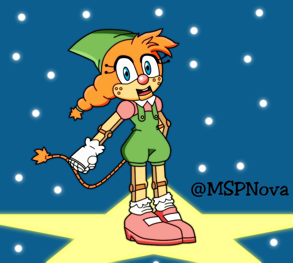 Artwork created by me for the 4th Anniversary of Belle the Tinkerer. Belle has her right arm behind her back, and her left arm is posed outwards with her wrist clenched up. A glowing star is below her wth a night sky of bright starts in the background.
