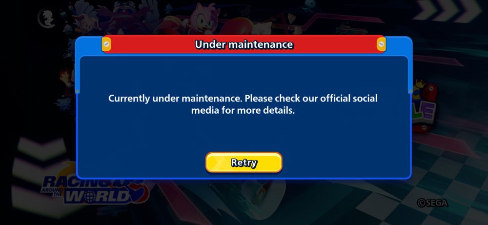 The under maintenance screen in Sonic Rumble. 