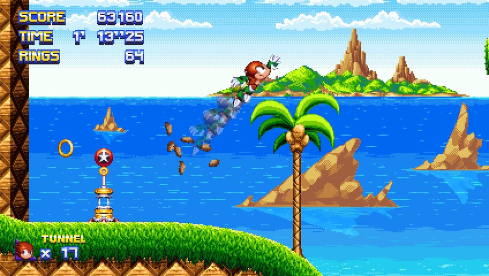 Screencap of the first zone of Sonic Galactic featuring Tunnel the Mole shooting himself out of the ground. 
