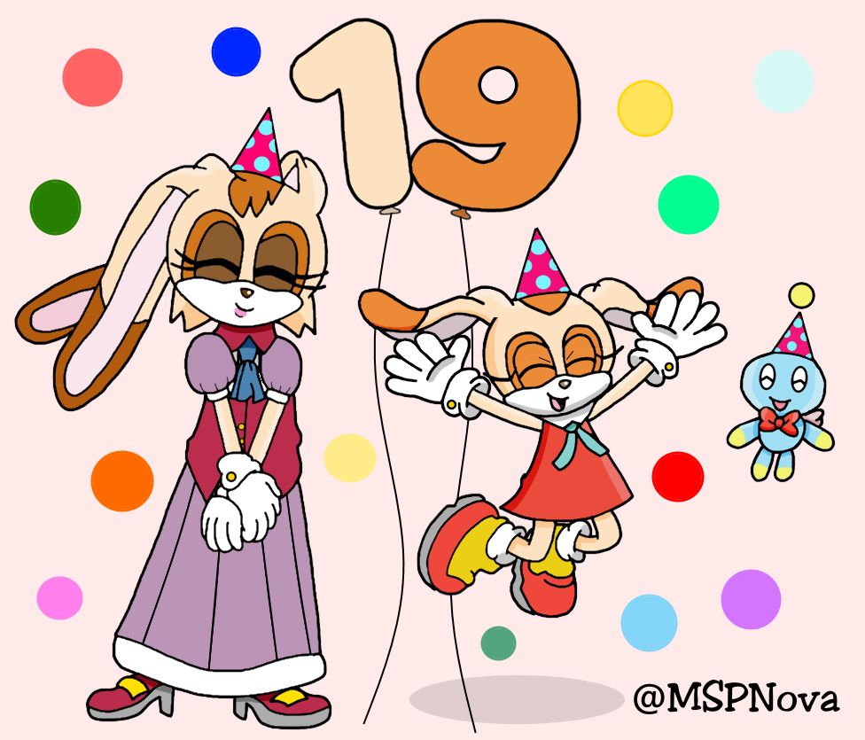 Artwork by me, featuring Cream the Rabbit, Cheese the Chao, and Vanilla the Rabbit all together with two number balloons above them saying 19. Vanilla has her hands against her dress and is smiling with her eyes closed, and Cream is jumping in the air with joy alongside Cheese. They are all wearing triangular party hats. 