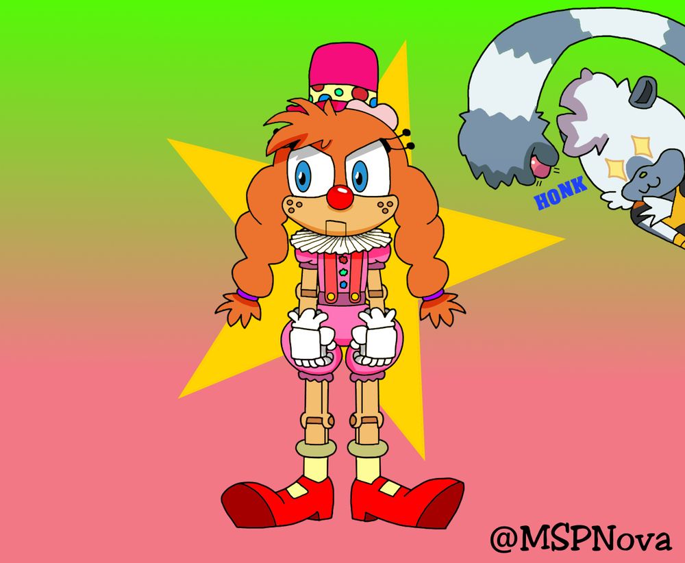 Artwork by me featuring Belle the Tinkerer in a clown outfit and Tangle leaning in on the top right. Belle does not look amused as she clenches her hands, and Tangle has stars in her eyes honking Belle’s original pink clown nose in her tail. A yellow star is in the background behind Belle. 
