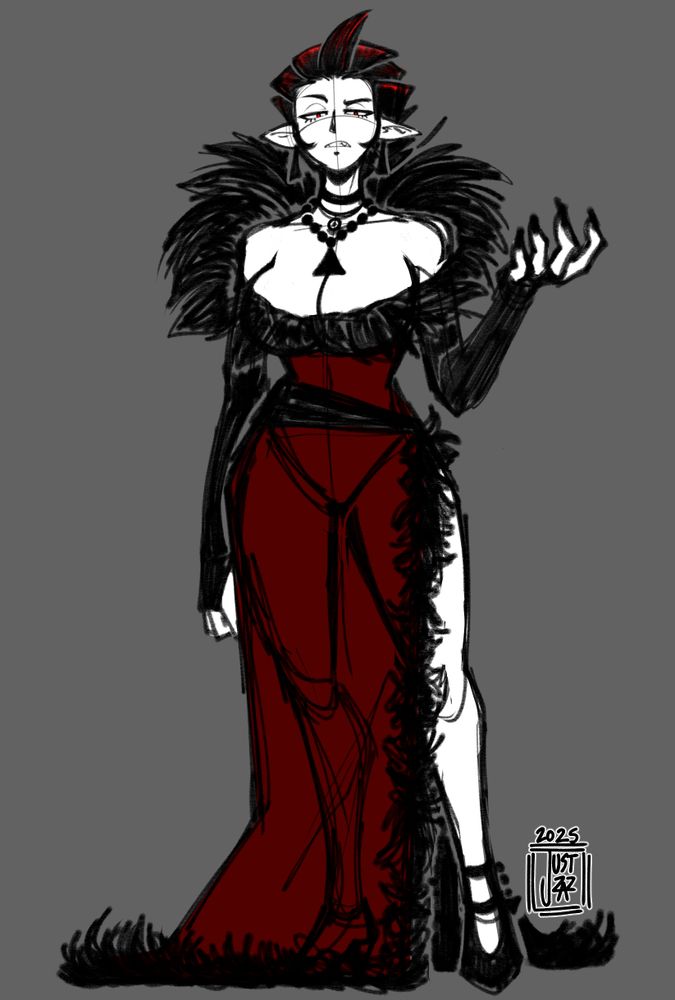 a tall, pale-skinned vampire woman in a formal deep-red low-cut dress with black accents and fur around the shoulders and chest. looking down at the viewer with contempt