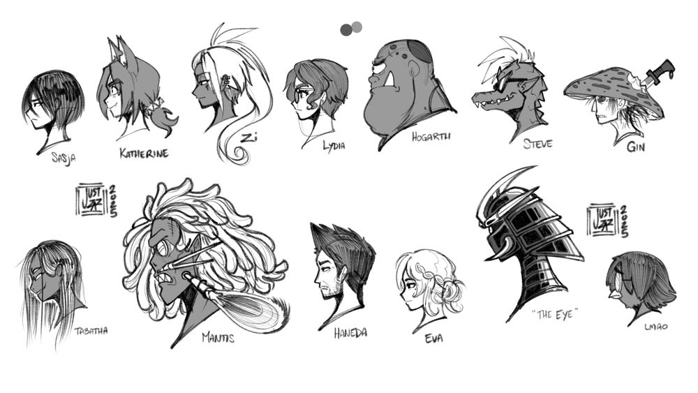 13 side-profile sketches of ocs for a story im creating. 

Sasja: short silky black hair. stern, intimidating expression
Katherine: a feline demi-human with catlike features, in particular her ears and nose. has shaggy hair tied into a small ponytail.
Zi: has a long side ponytail that goes past where he shoulders would be. sharp eyes, with a tattoo marking underneath the eye we can see.
Lydia: short wavy hair and wearing glasses with a thing chain that dangles from the frame and around the back of her neck
Hogarth: a gruff frog demi-human cyclops with a tusk-like tooth protruding form his lower jaw.
Steve: a crocodile demi-human with a spiky mohawk and cool sharp shades
Gin: a myconid man whose mushroom top is partially torn into and a knife stabbed into it. his sclera is dark and his pupil a ghostly white.
Tabatha: a spider demi-human woman with two sets of eyes and long silky hair and a sinister grin
Mantis: a giant mantis shrimp demi-human. his hair is like that of a sea anemone, his are shaped like that of a mantis shrimp and has whiskers resembling as such as well.
Haneda: Sasja's father. a strong, stern man with spiky hair that points up and outwards. has light facial hair.
Eva: Sasja's mother. light hair with braids on the side and rolled into a bun. has a beauty mark underneath her left eye.
The Eye: a mysterious, alien-like being adorned in metalic plate armor along a long neck and an intimidating bladed helmet.
"lmao": me as an owl lmao. i make a cameo