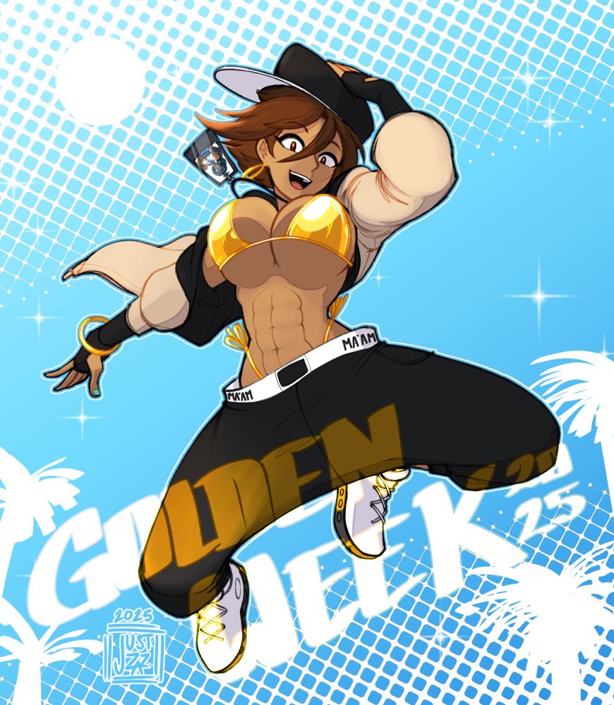 pic i did of my oc Marie for the Golden Bikini Week trend.
Marie is mid-jump, wearing the applicable gold bikini, but with it a beige jacket with black inner lining that is undone, showing the bikini, abdominal and chest. there's a bit of underboob since she's coming down from the peak of her jump. she's wearing black baggy pants with the "MA'AM" in-universe clothing brand and white sneakers. she's wearing long-sleeved gloves, much of them covered by the jack sleeves. she has one gold bracelet on her right wrist and one visible gold earring. around her neck is a photo of her girlfriend Mina in a protective badge holder/lanyard. on her head is her usual black cap with white brim. the bg is a sunny sky with halftone patterns, sparkling stars, the sun, and some palm trees. over the image is text saying "GOLDEN WEEK 2025" and my signature on the bottom left