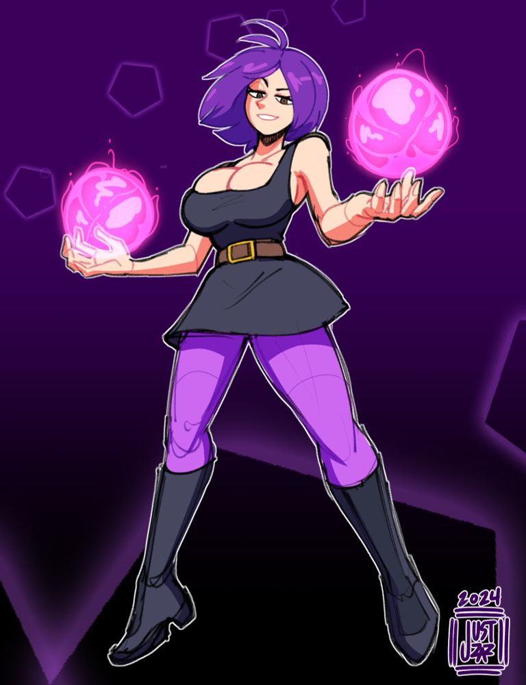 Comm from 2024, purple with h lady readying some energy blasts