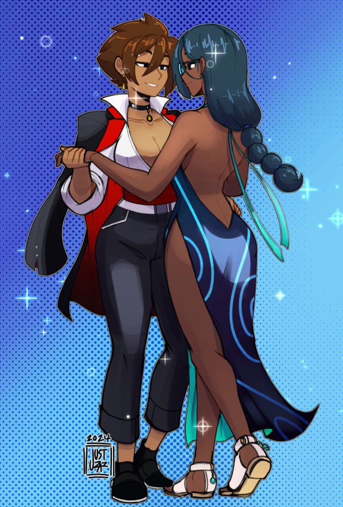 For a server event: Marie and Mina dancing together and dressed for a fancy gala