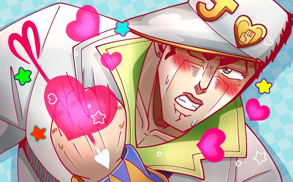 Jotaro in the Alien Stage art trend. He's blushing and sweating while clutching his heart. There's hearts surrounding him.