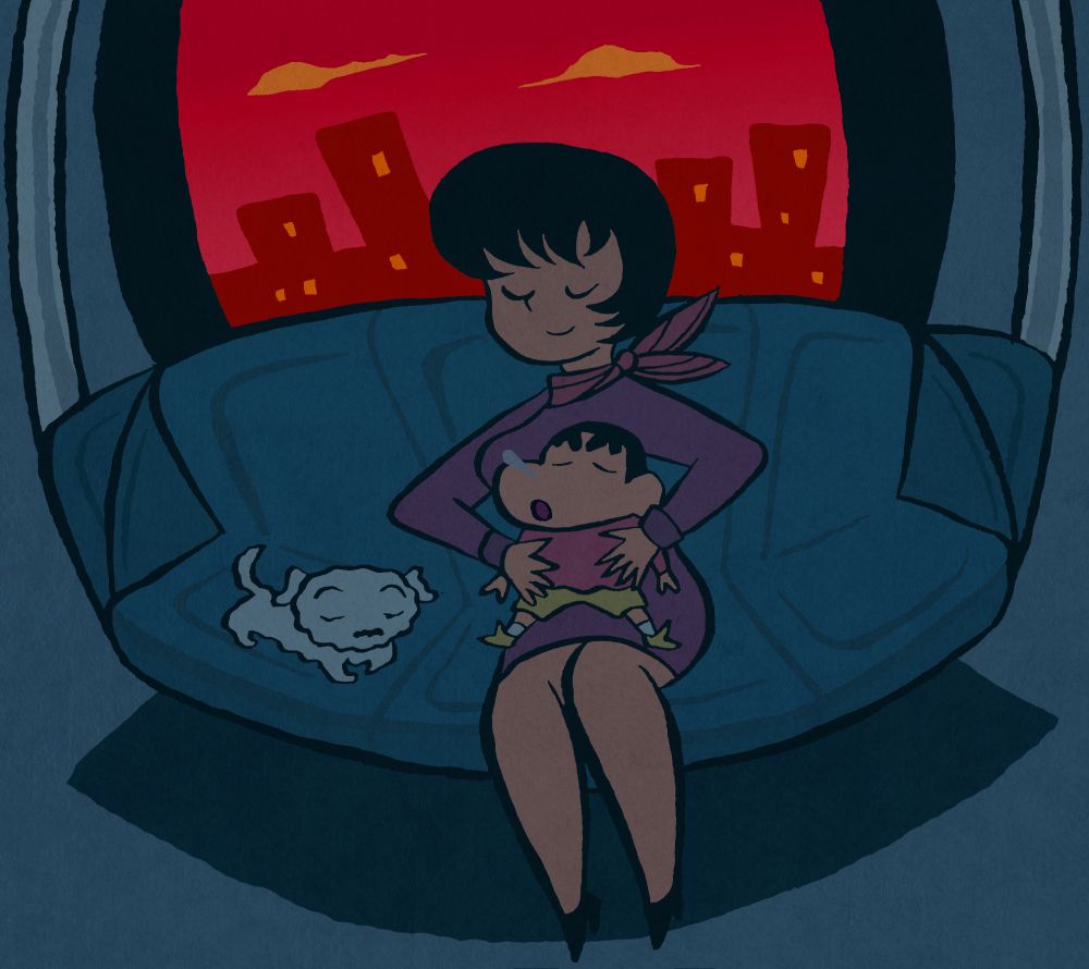 Une femme dort dans le métro en tenant un enfant qui dort aussi. Un chien blanc dort à côté d'eux. 